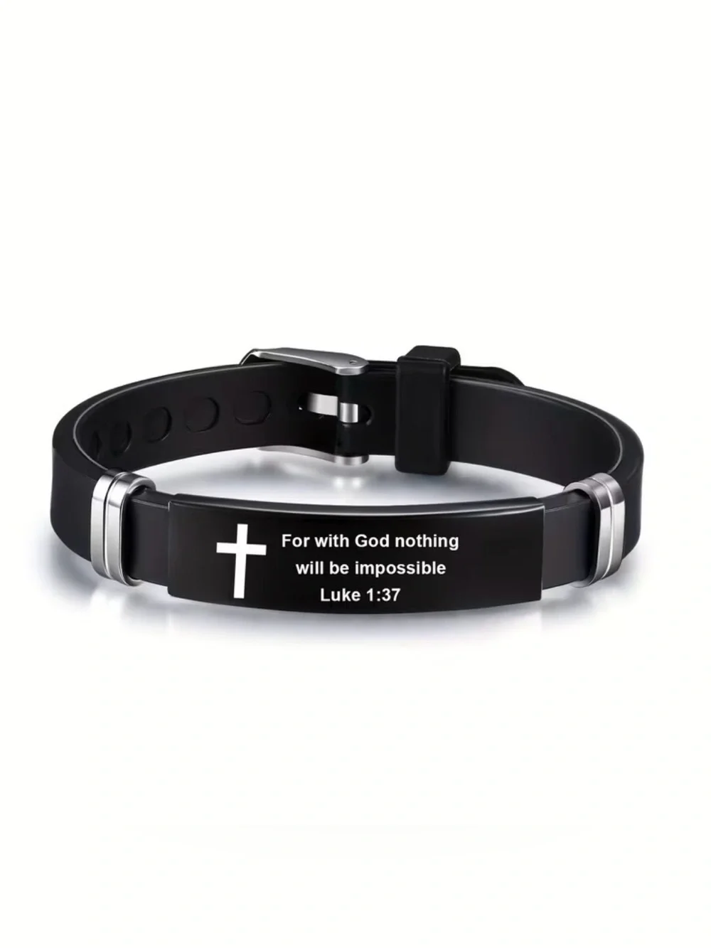 Men’s Bracelet with Adjustable Black Strap, Featuring Scripture from Luke 1:37